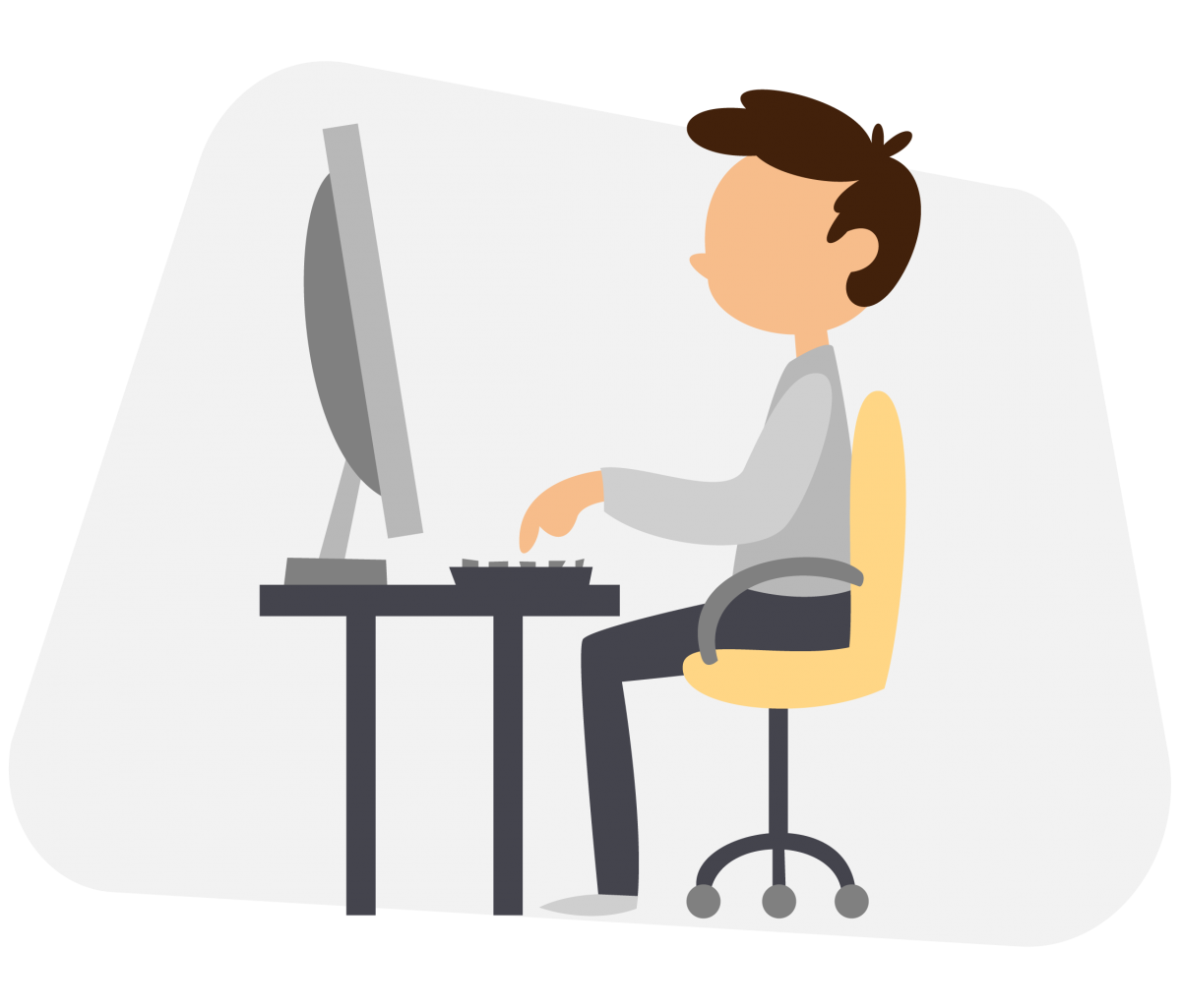 This illustration shows a boy with brown hair sat at a computer desk in a yellow desk chair.
