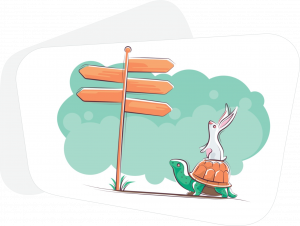 Graphic of a hare and tortoise looking at a signpost together
